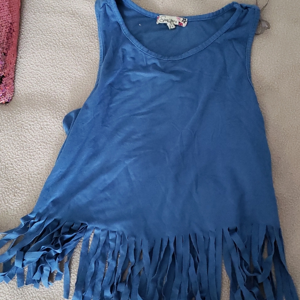 Girls blue fringed tank top